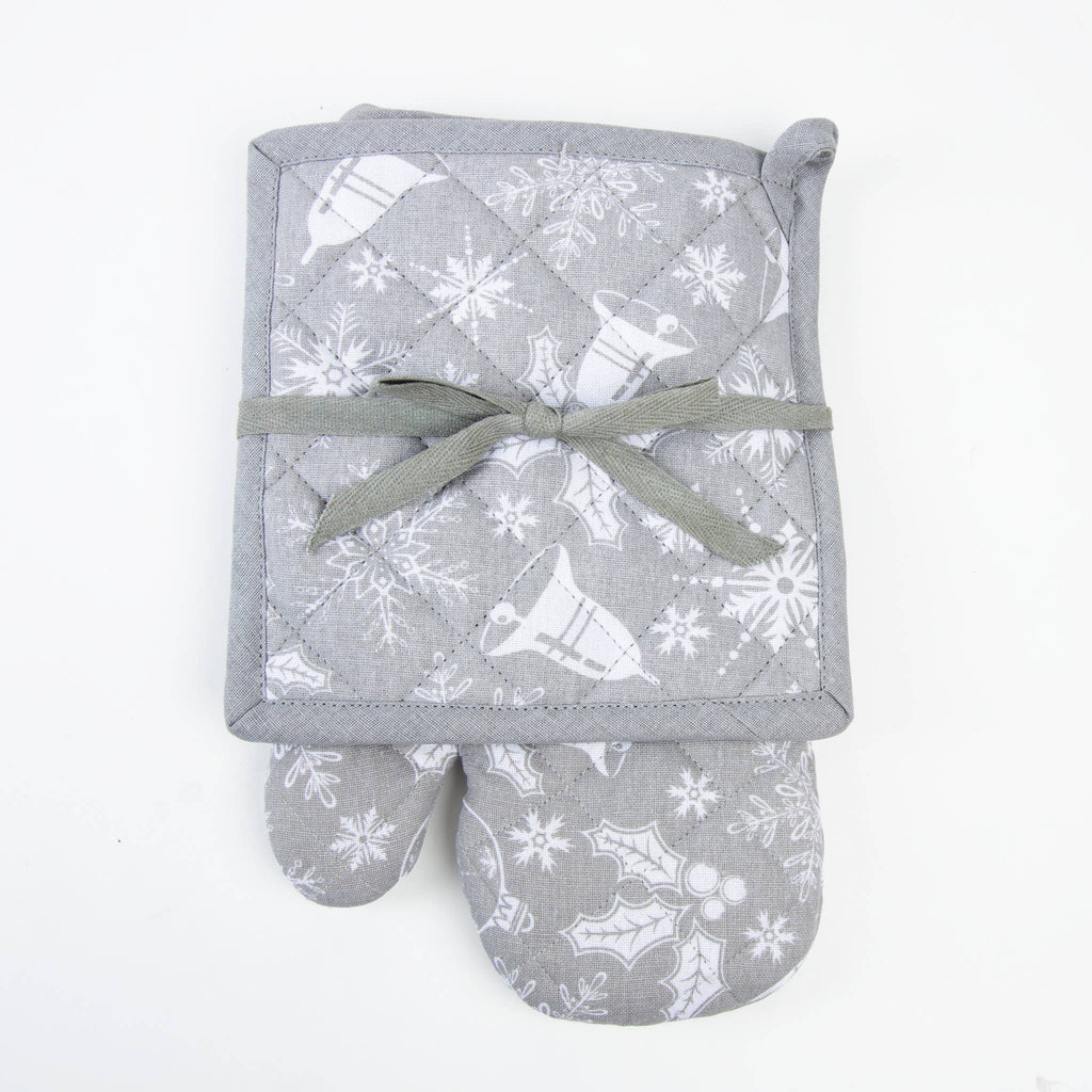 2 Piece Holiday Silver Bells Oven Mitt & Pot Holder Set