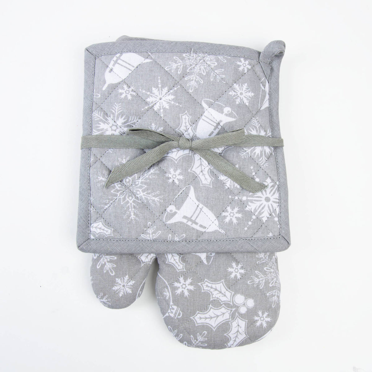 2 Piece Holiday Silver Bells Oven Mitt & Pot Holder Set