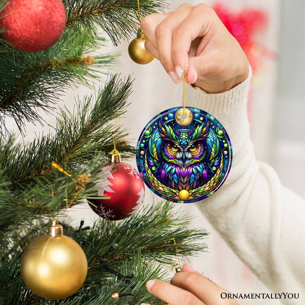 Mysterious Owl Stained Glass Style Ceramic Ornament