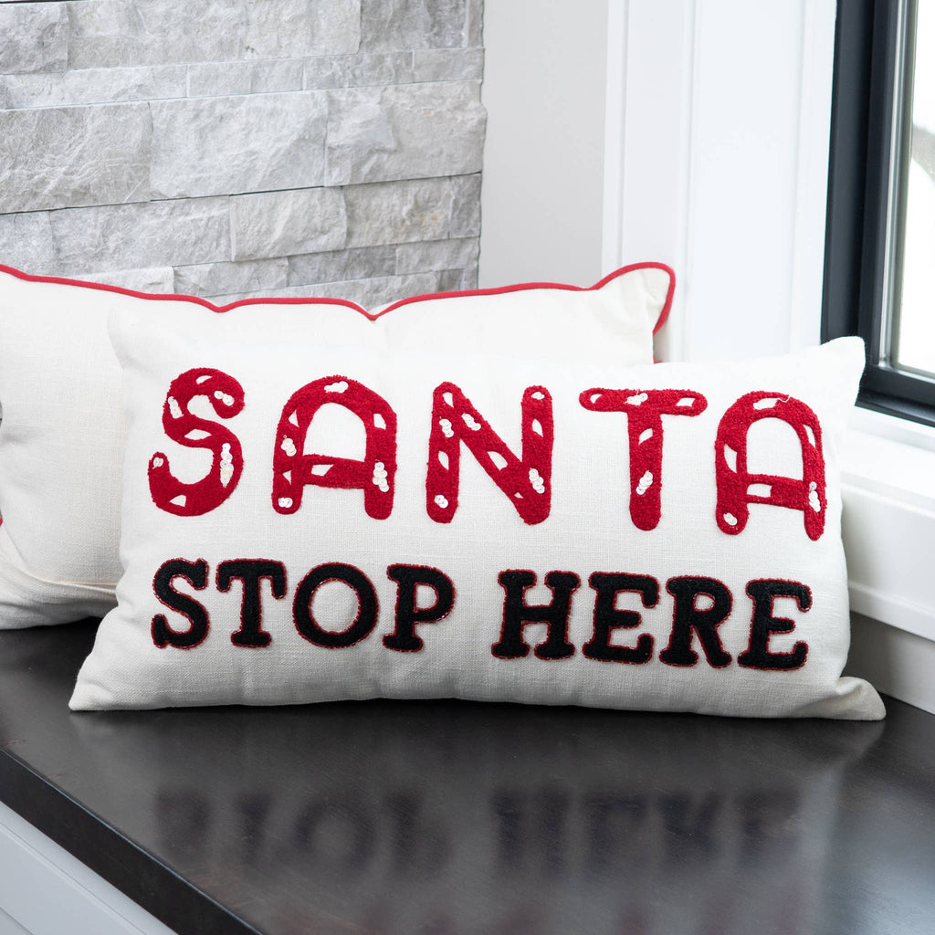 Christmas 12"x22" Santa Stop Here Embroidered Lumbar Pillow