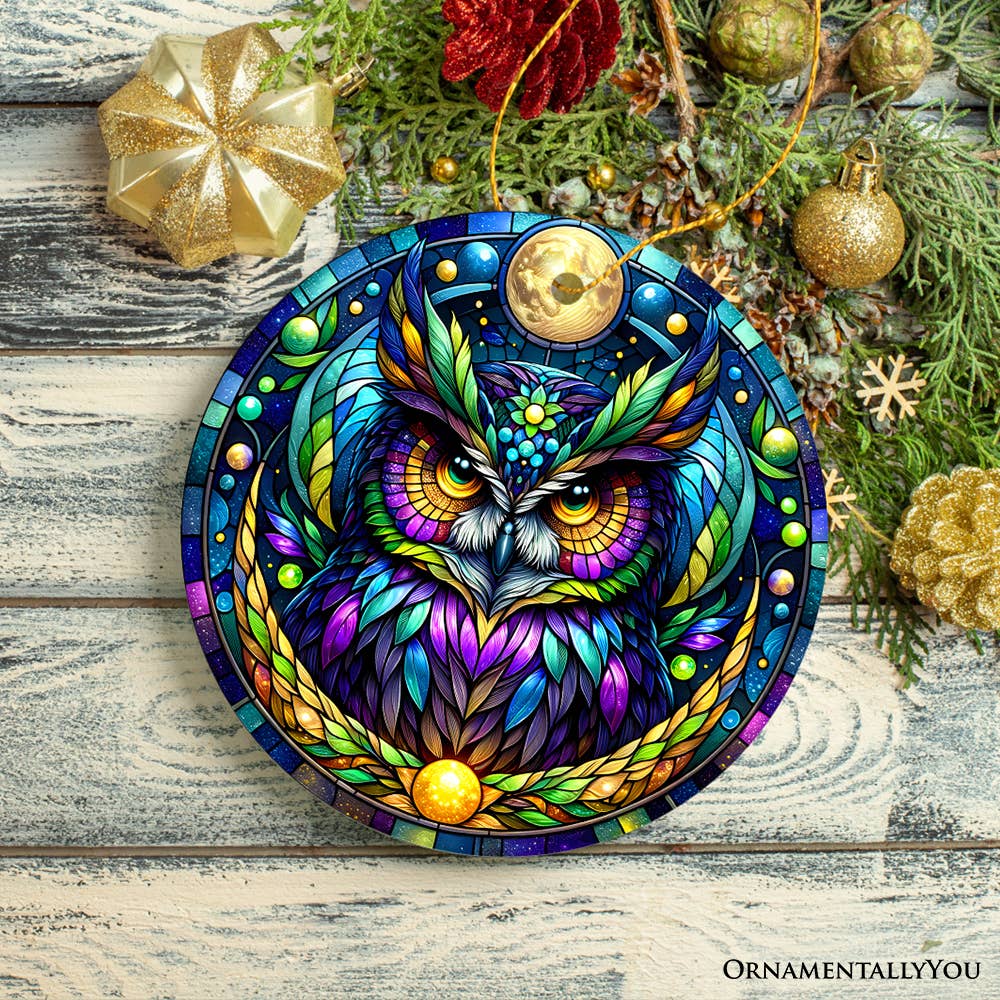 Mysterious Owl Stained Glass Style Ceramic Ornament