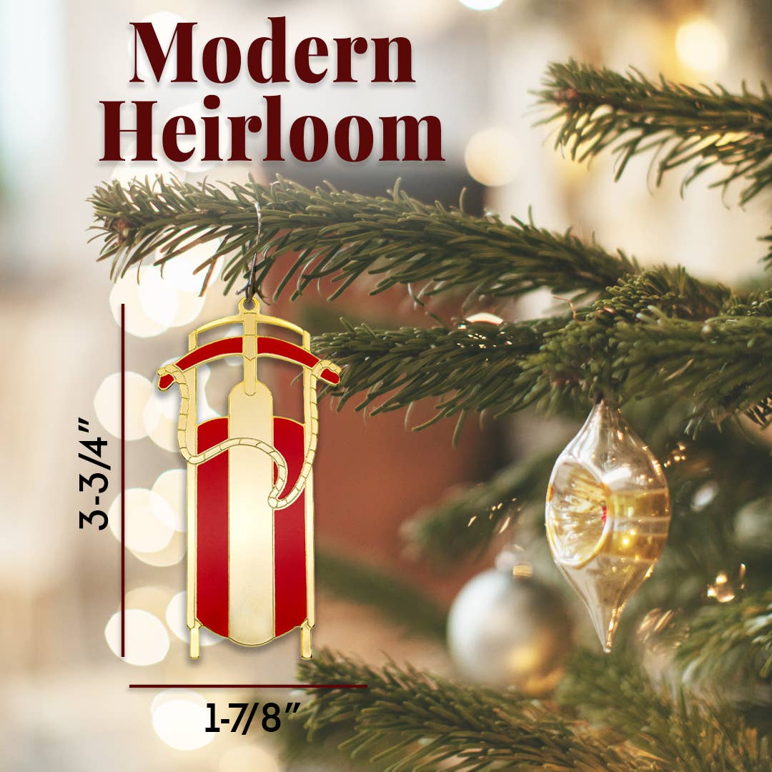 Gold Metal Sled Christmas Ornament with Red Detail