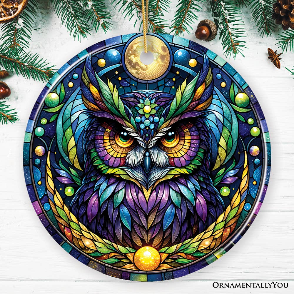 Mysterious Owl Stained Glass Style Ceramic Ornament