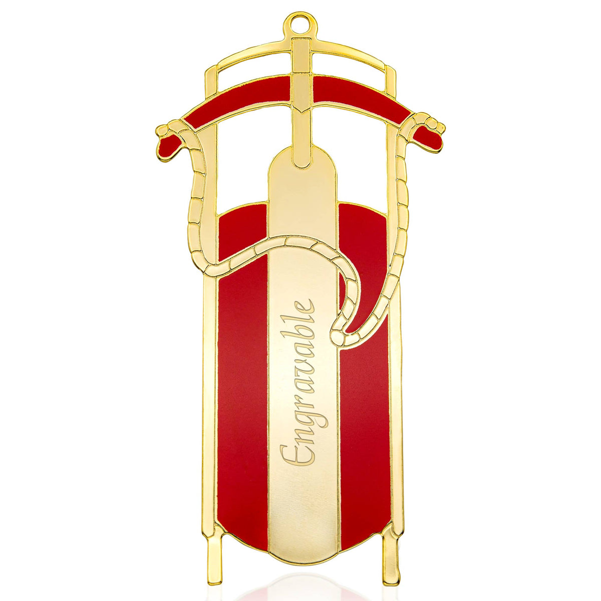 Gold Metal Sled Christmas Ornament with Red Detail
