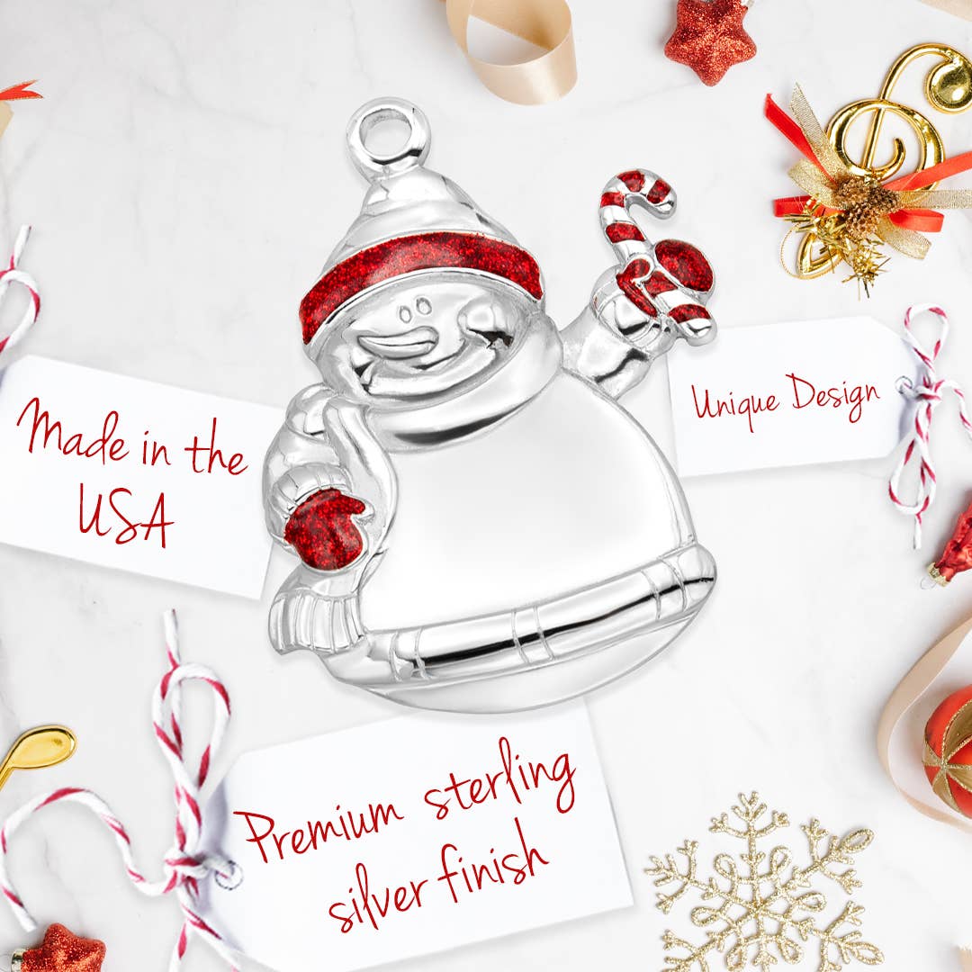 Minimalist Snowman with Candy Cane Silver Ornament