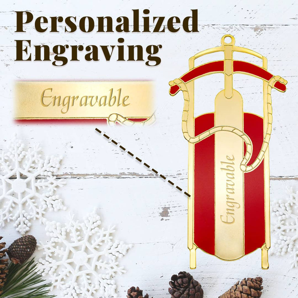 Gold Metal Sled Christmas Ornament with Red Detail
