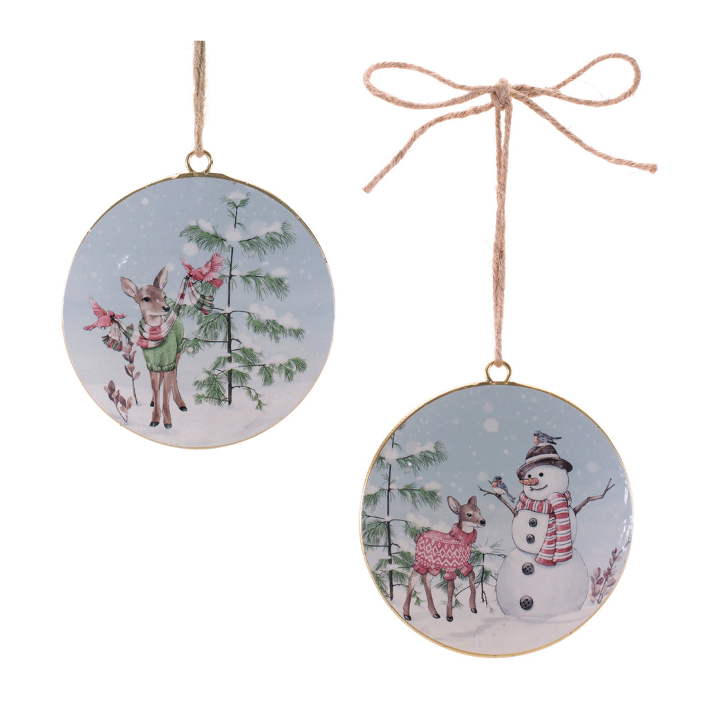 Snowman and Deer Disc Ornament