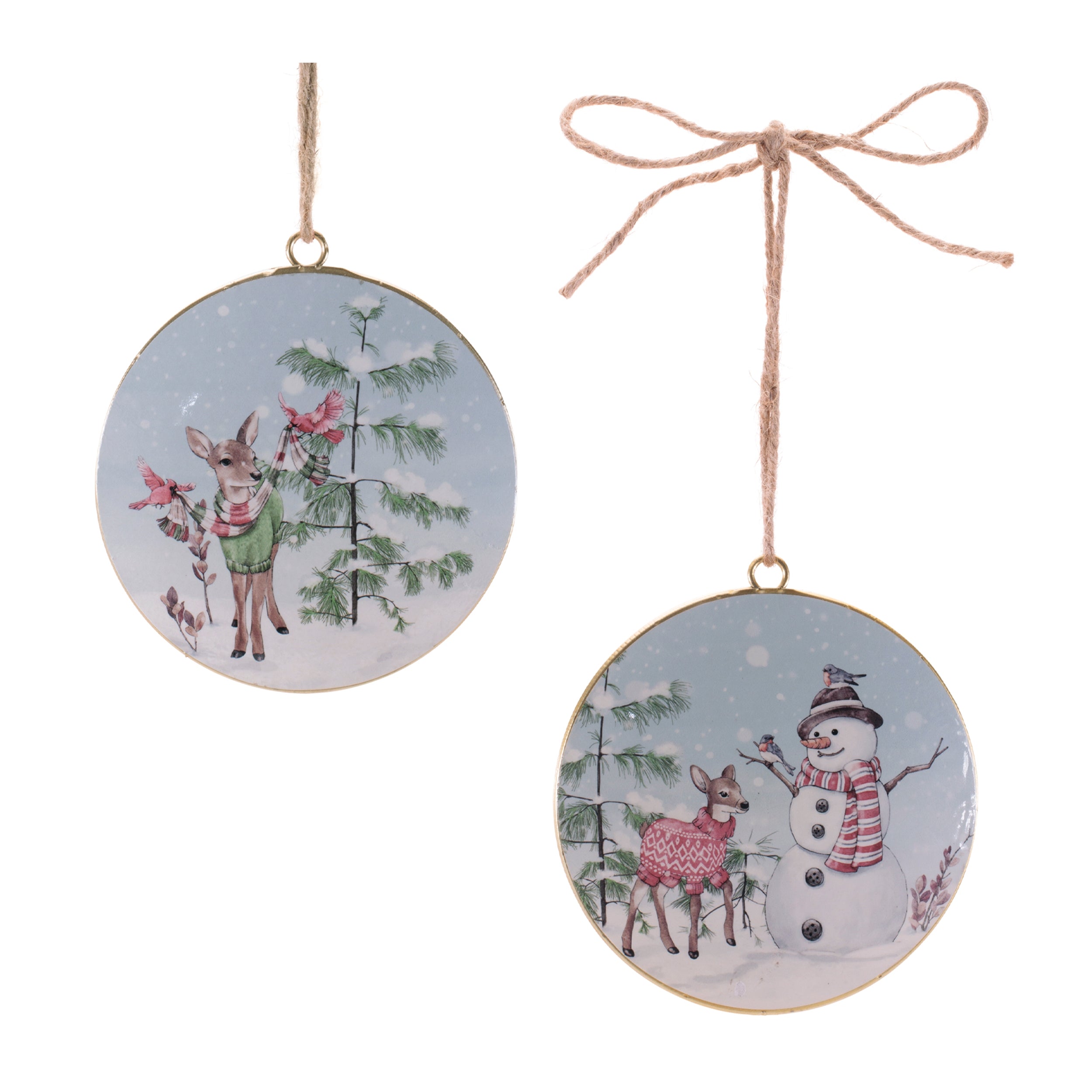 Snowman and Deer Disc Ornament