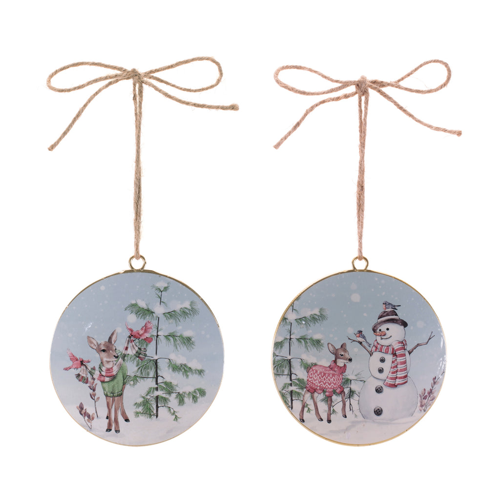 Snowman and Deer Disc Ornament