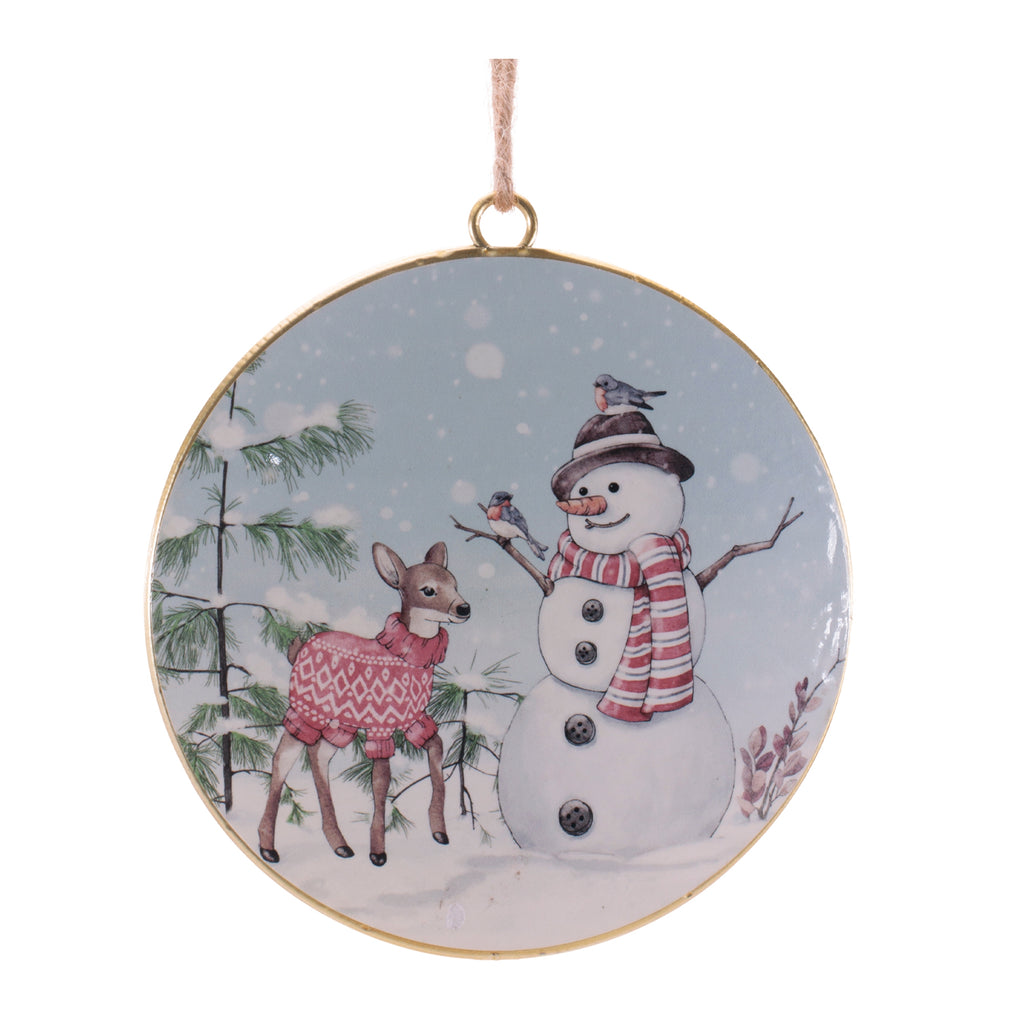 Snowman and Deer Disc Ornament