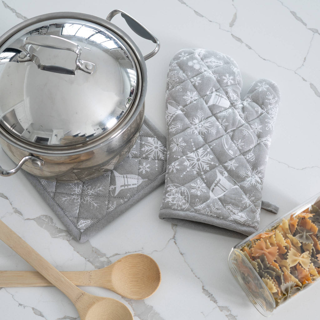 2 Piece Holiday Silver Bells Oven Mitt & Pot Holder Set