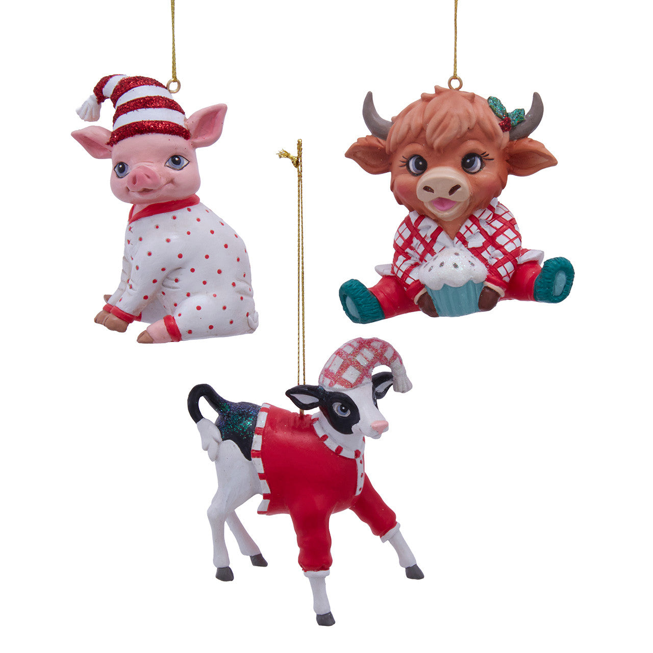 Pajama Farm Animal Ornaments, 3 Assorted