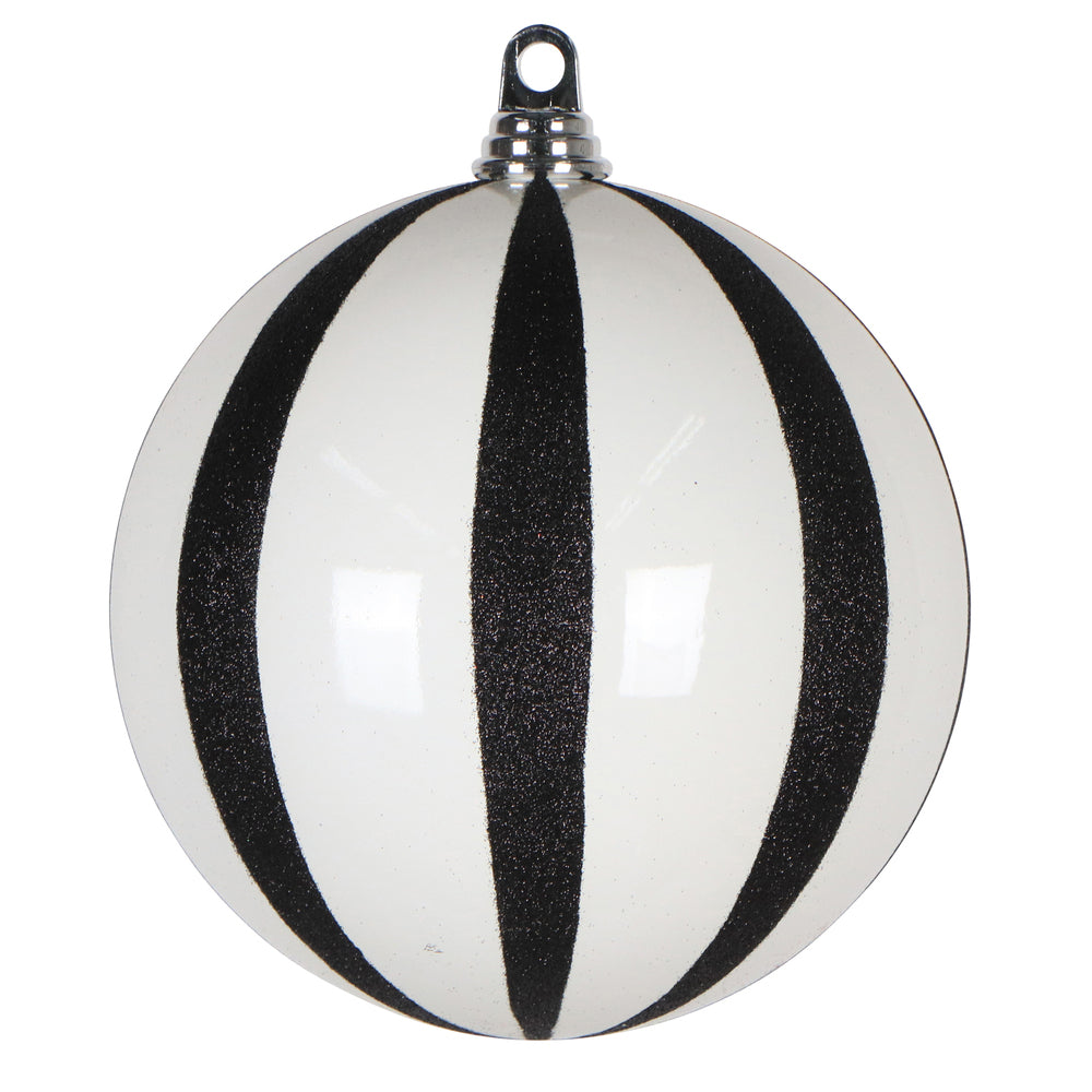 8" White/Black Glitter Lines Ball Ornament