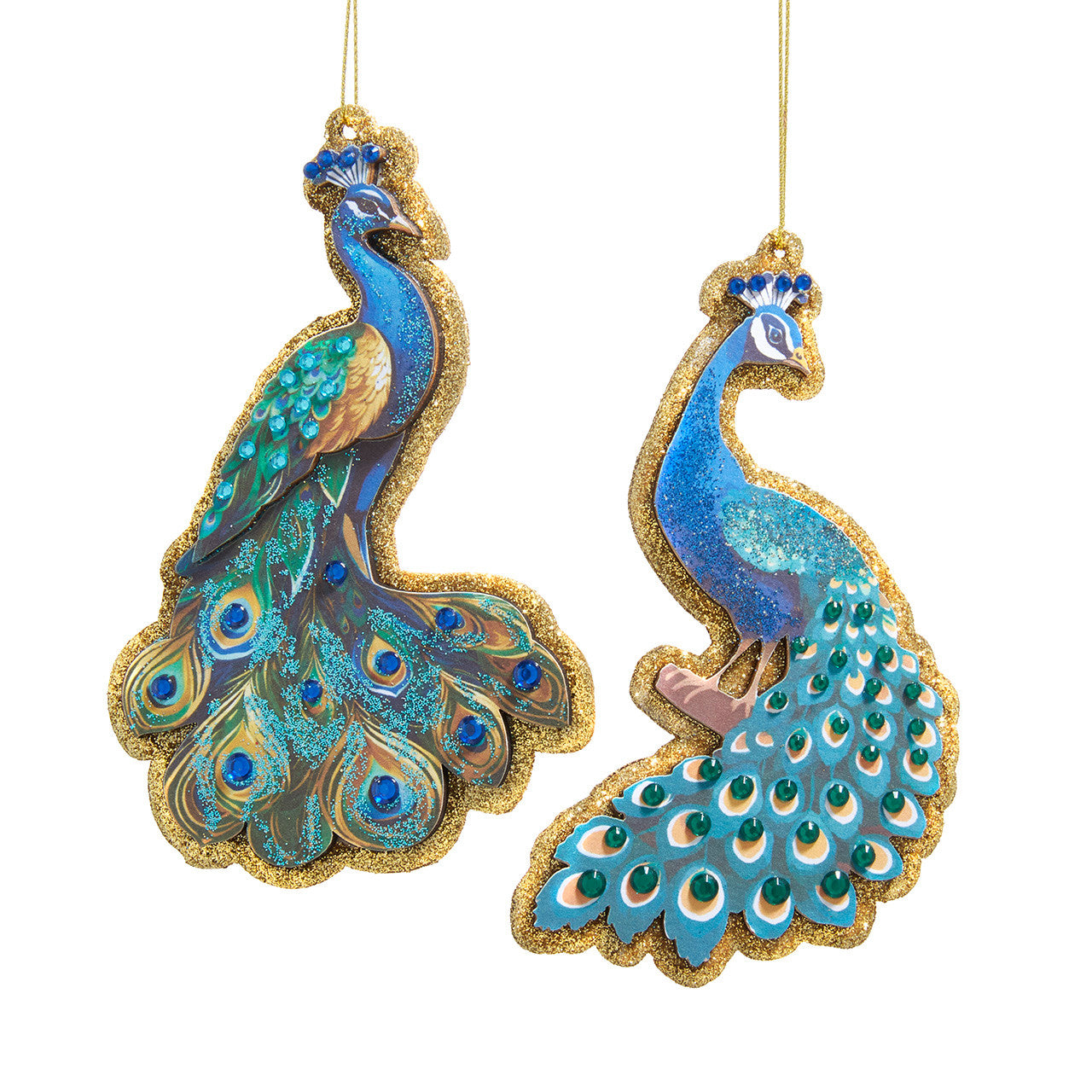 Peacock With Gold Glitter Accents Ornaments, 2 Assorted