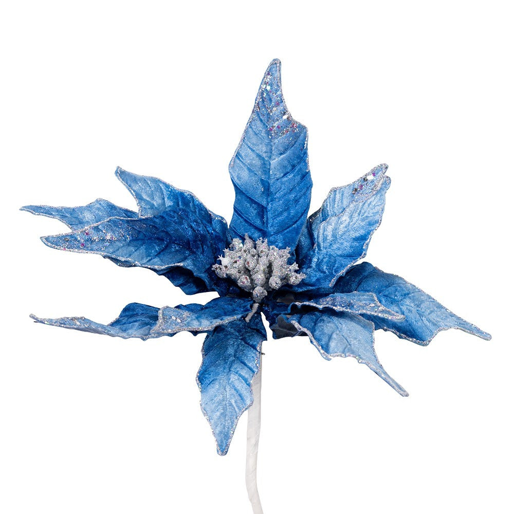 Blue and Silver Glitter Poinsettia Pick