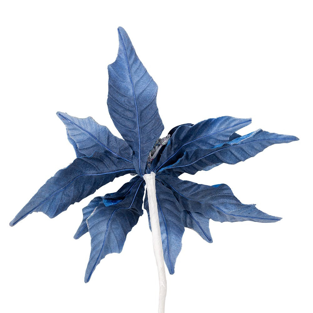 Blue and Silver Glitter Poinsettia Pick