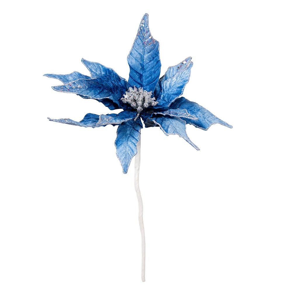 Blue and Silver Glitter Poinsettia Pick