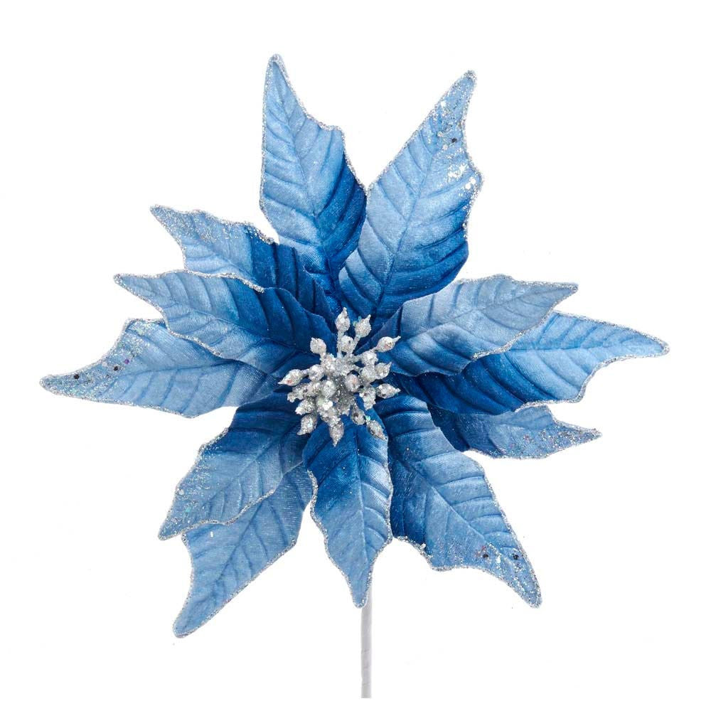 Blue and Silver Glitter Poinsettia Pick