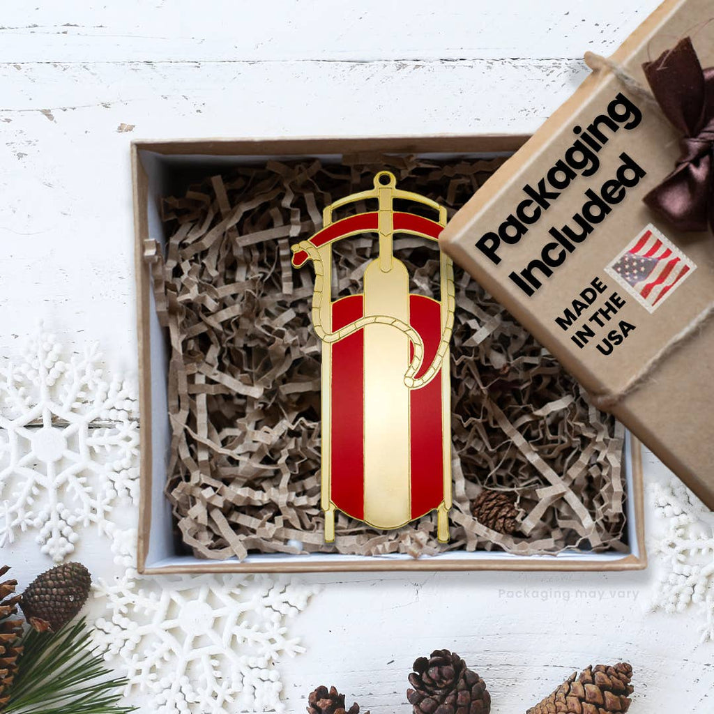 Gold Metal Sled Christmas Ornament with Red Detail