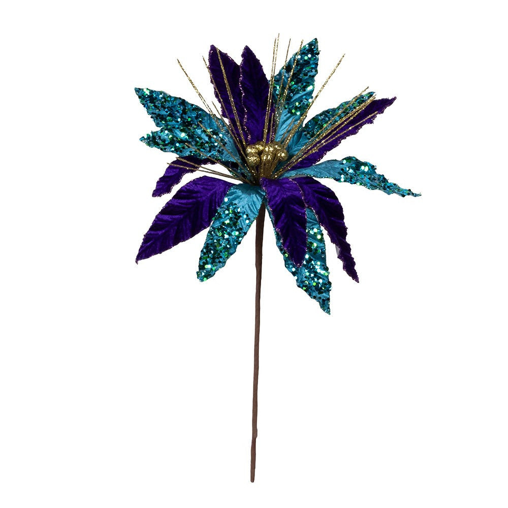 Purple, Teal, Gold Velvet Poinsettia Pick