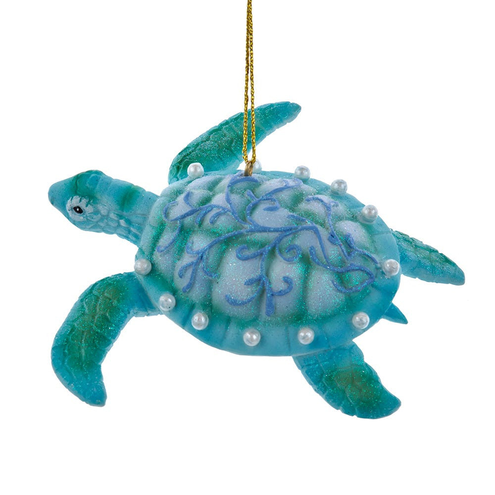 Blue and Green Sea Turtle With Scroll Pattern Ornament