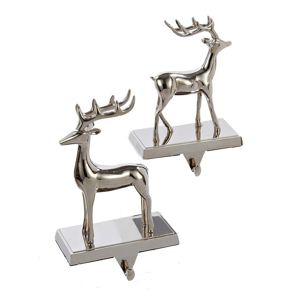 Silver Metal Reindeer Stocking Hangers, 2 Assorted