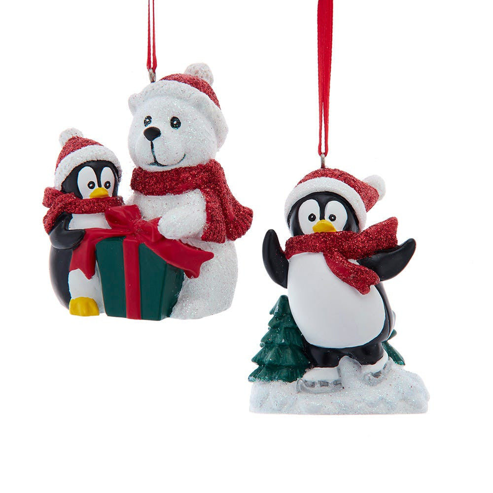 White Bear With Penguin Ornaments, 2 Assorted