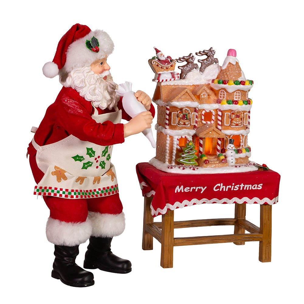 10.5" Fabriché™ Battery Operated Santa With Gingerbread Houses, 2-Piece Set