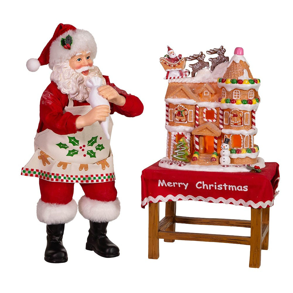 10.5" Fabriché™ Battery Operated Santa With Gingerbread Houses, 2-Piece Set