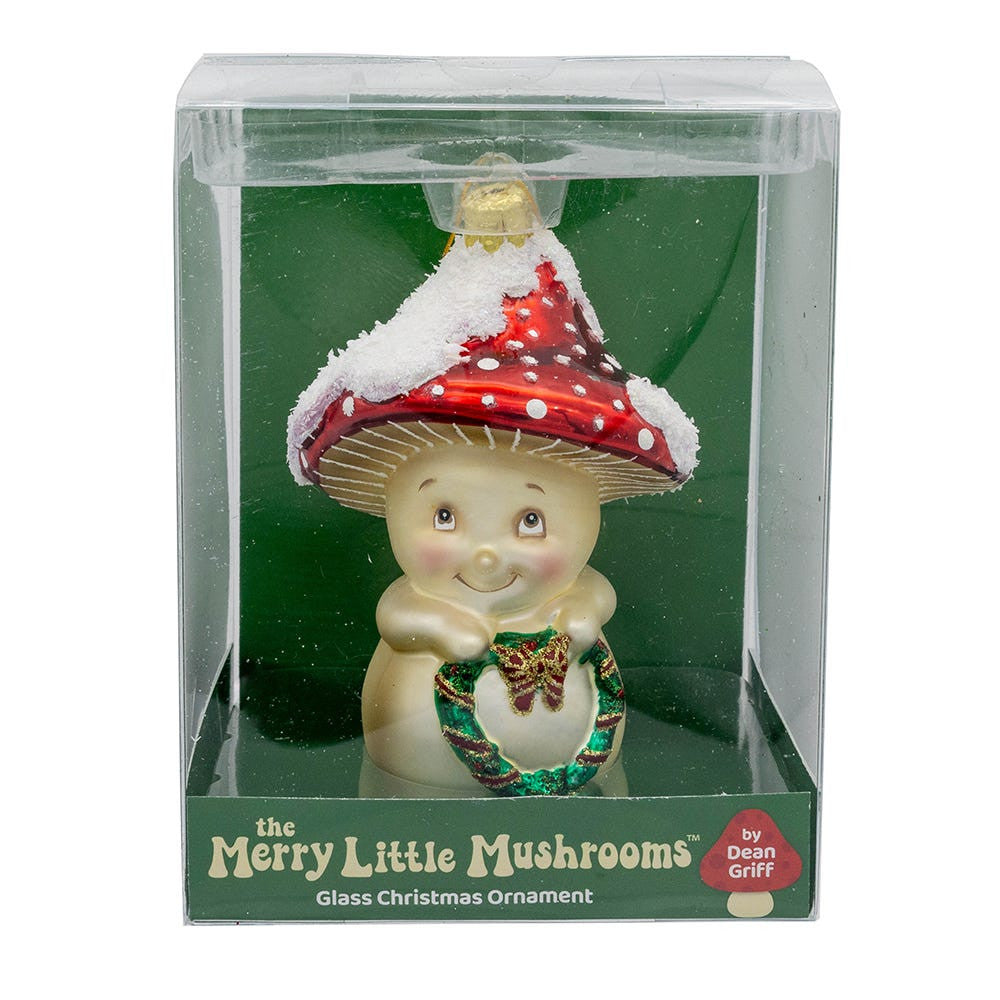 Glass Mushroom Guy Holding Wreath Ornament