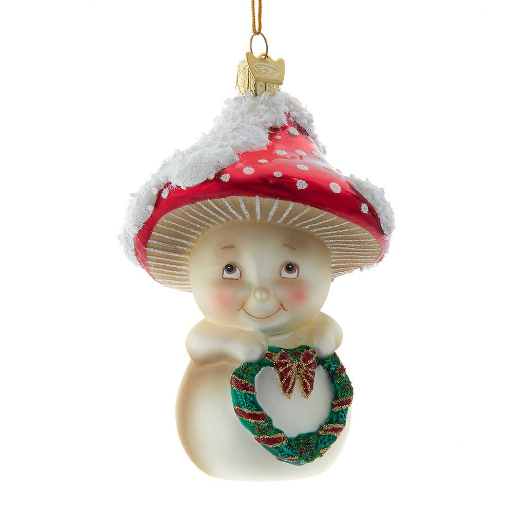 Glass Mushroom Guy Holding Wreath Ornament