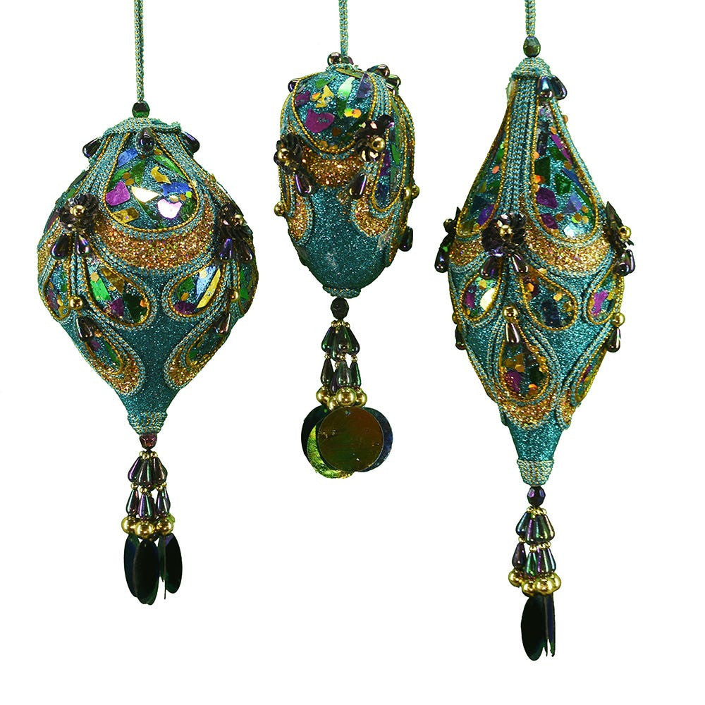 Peacock Heart, Onion and Finial Shaped Ornaments, 3 Assorted