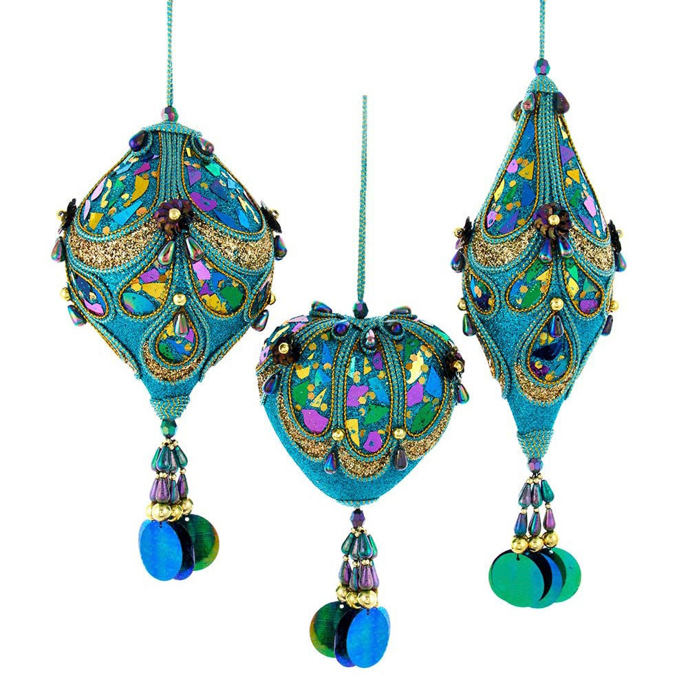 Peacock Heart, Onion and Finial Shaped Ornaments, 3 Assorted