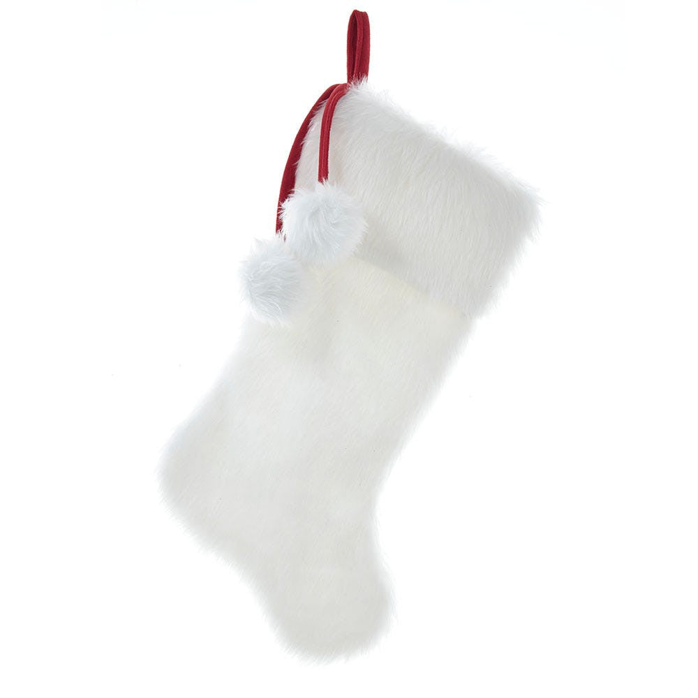 White Faux Fur Stocking With Pom Poms