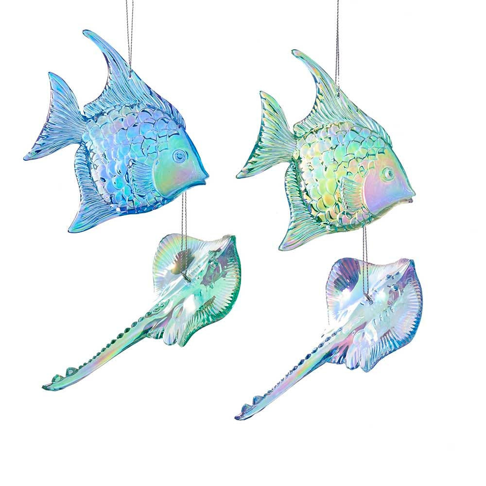 Blue and Green Fish and Stingray Ornaments, 4 Assorted