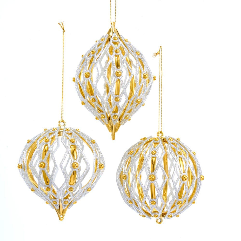 Shiny Gold and Silver Ball, Onion and Finial Ornaments, 3 Assorted