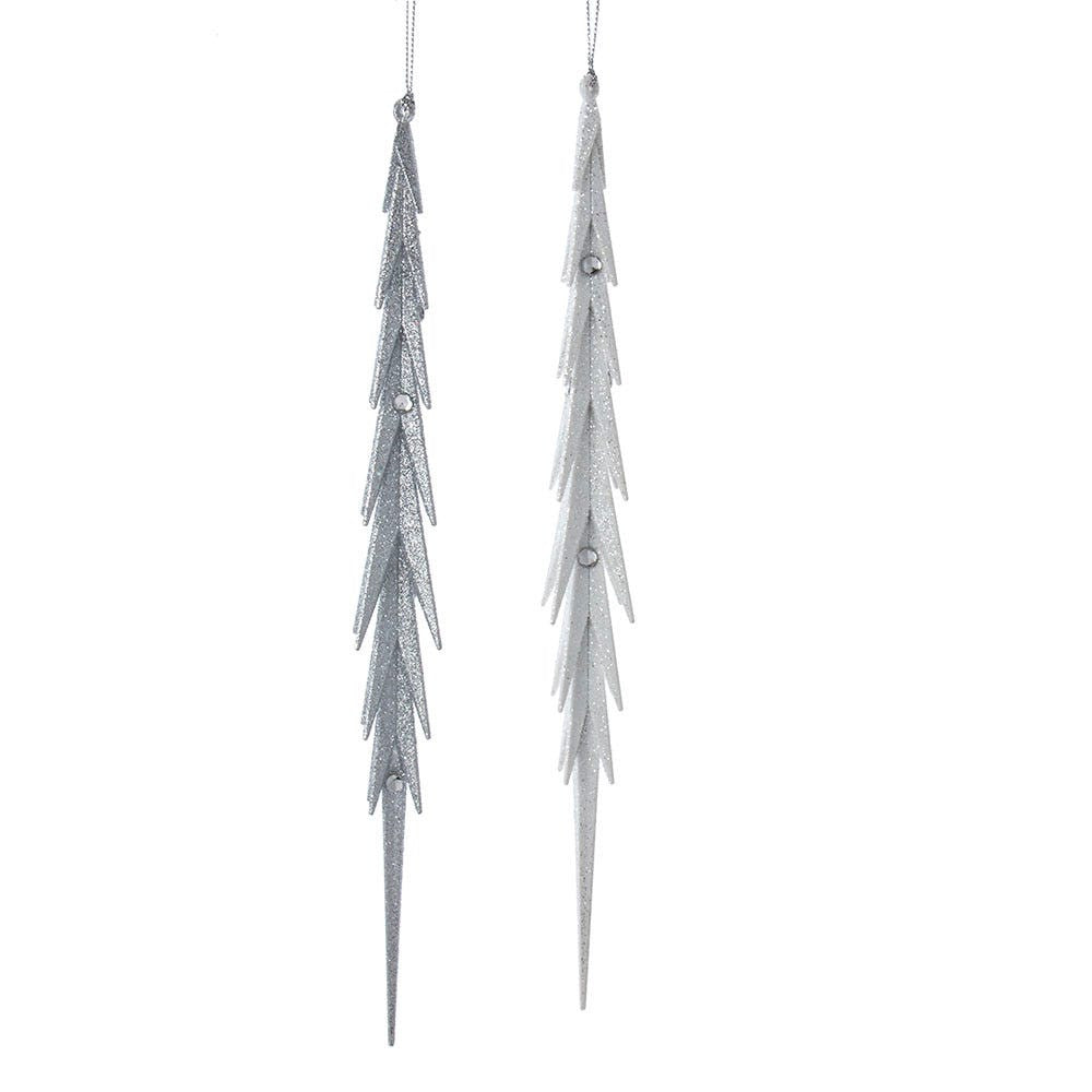White and Silver Icicle With Stones Ornaments, 2 Assorted