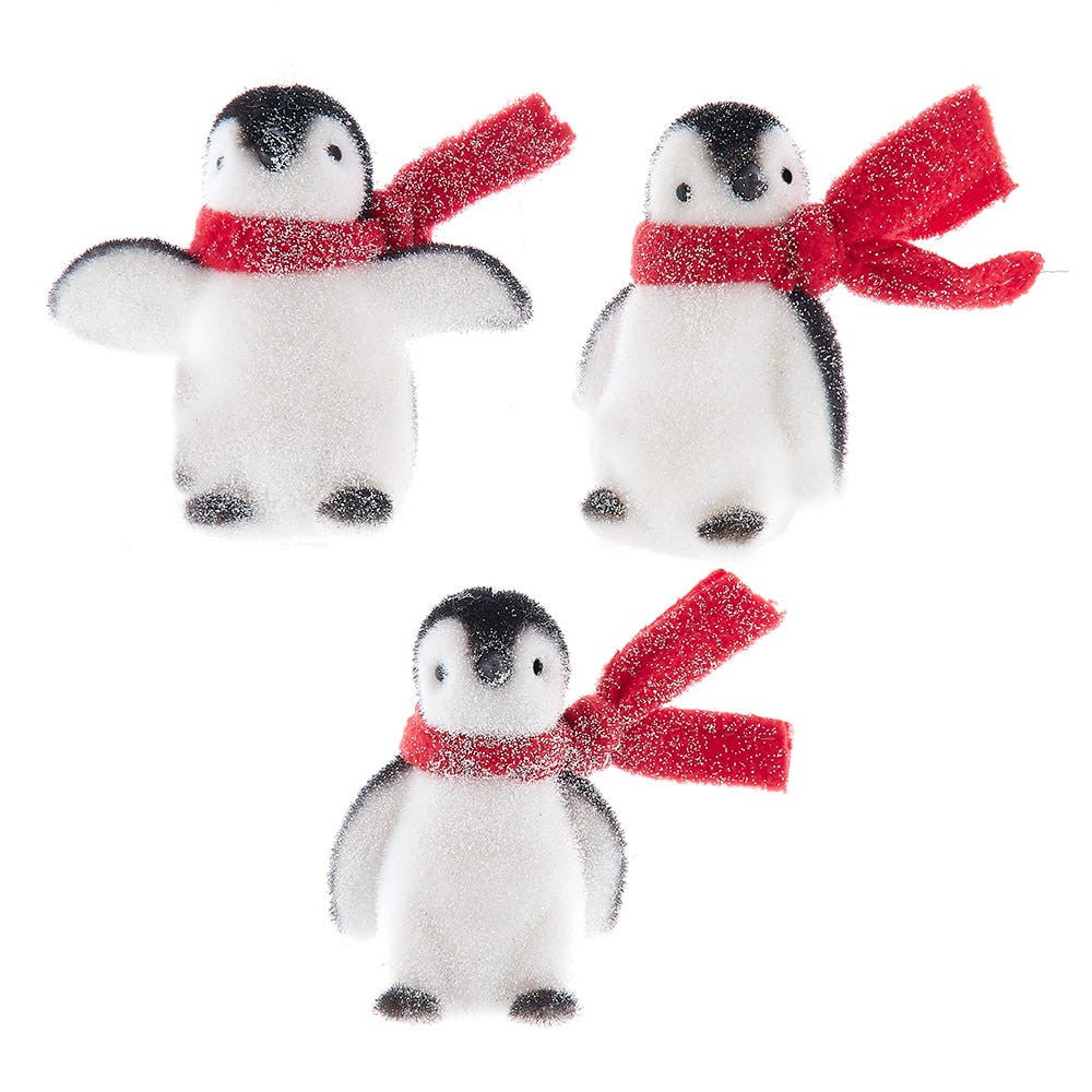 Flocked Penguin With Red Scarf Ornaments, 3 Assorted