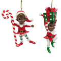 African American Elf With Candy Cane & Gift Box Ornaments, 2 Assorted