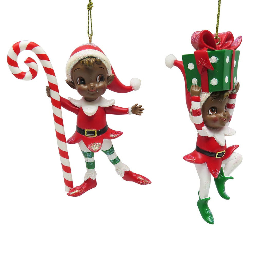 African American Elf With Candy Cane & Gift Box Ornaments, 2 Assorted