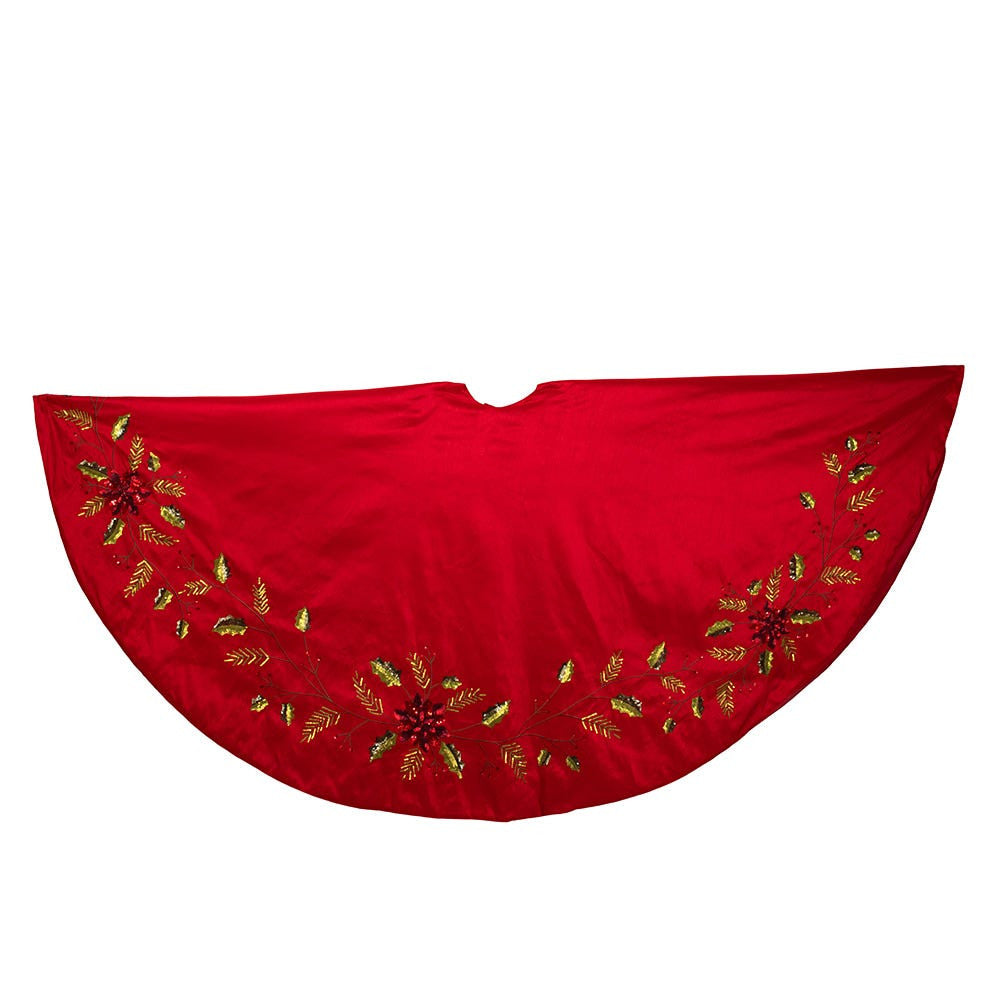 72" Red Dupion With Multi Sequin Poinsettia & Holly Leaves Tree Skirt