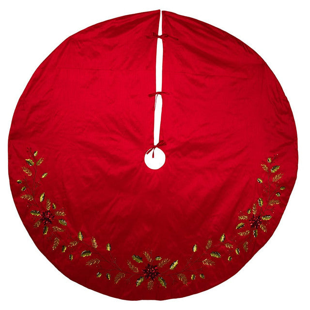 72" Red Dupion With Multi Sequin Poinsettia & Holly Leaves Tree Skirt