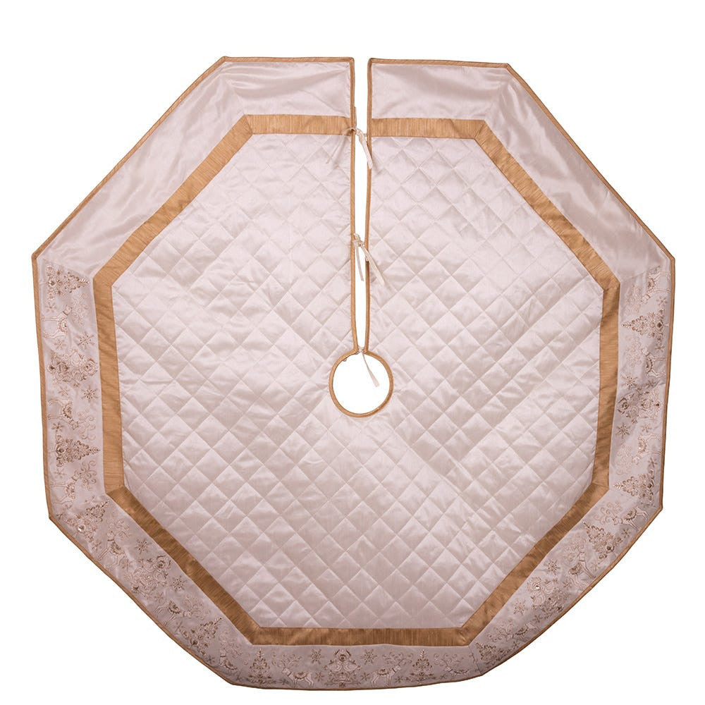 60" Ivory Dupion With Center Quilting & Embroidered Border Tree Skirt
