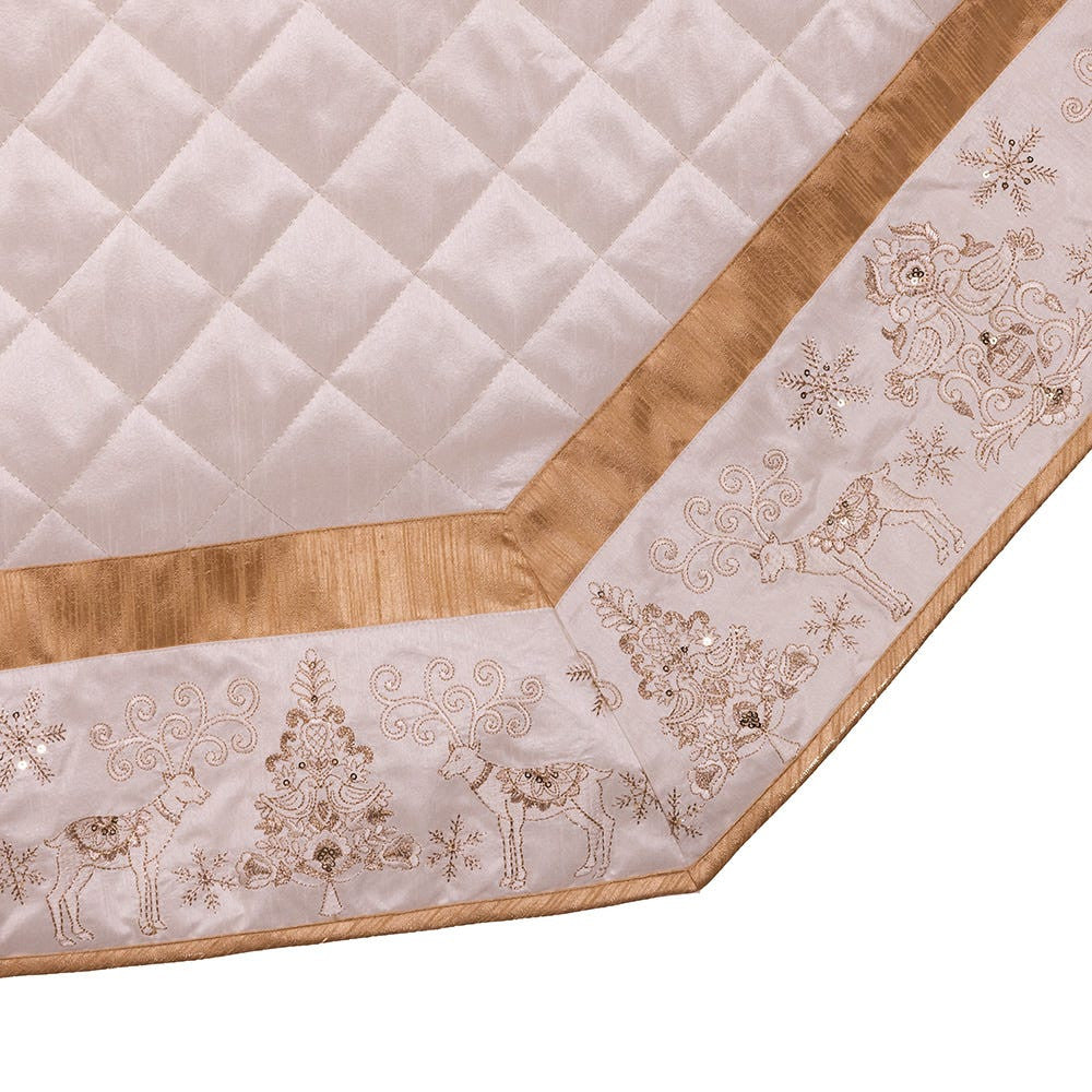 60" Ivory Dupion With Center Quilting & Embroidered Border Tree Skirt